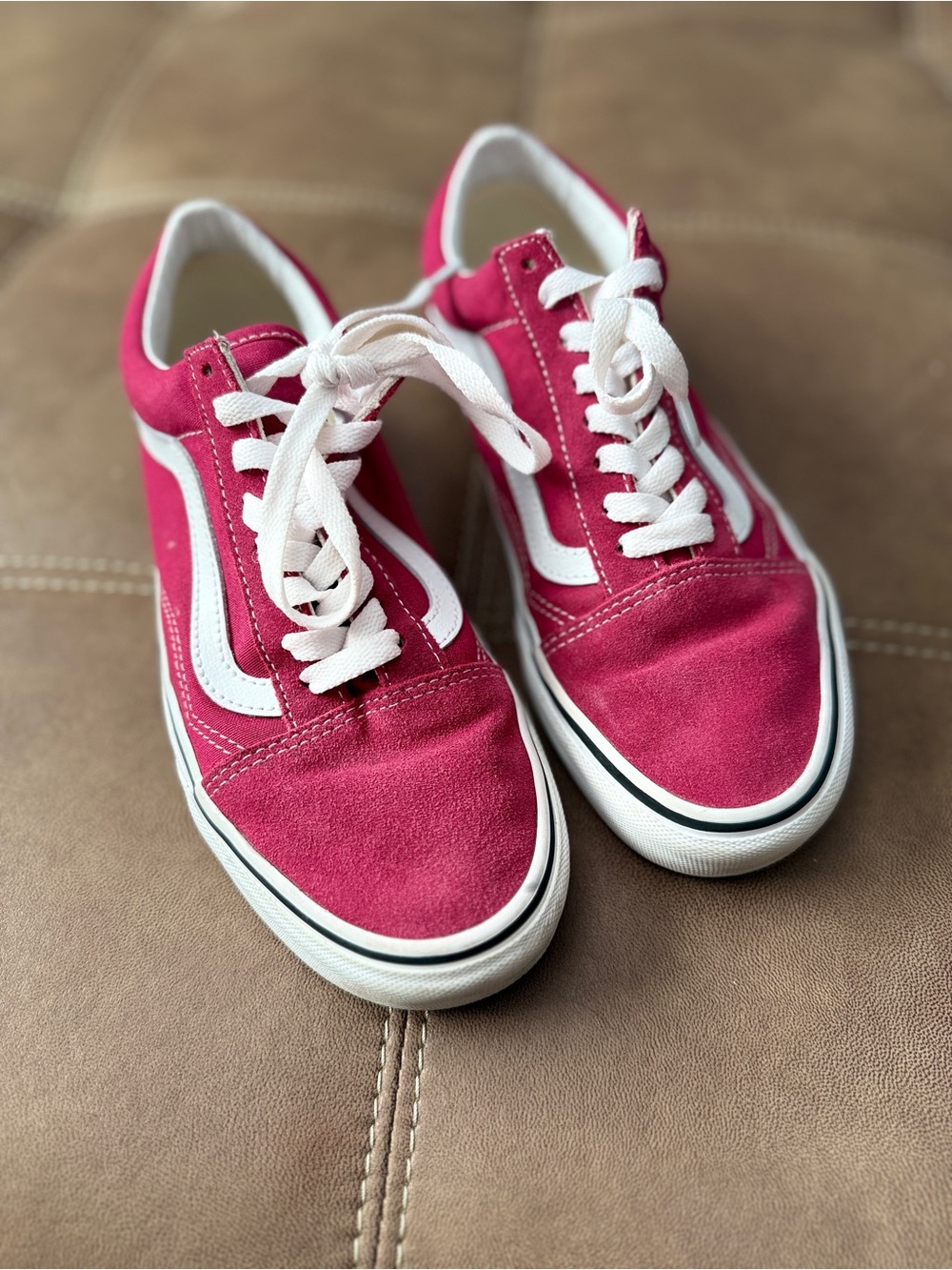 Vans Women's Pink Low-Top Suede Skate Sneakers with White Stripe